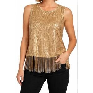 Grace KarinSleeveless Top Large Tan Pullover Fringe Sequin Lined NWT